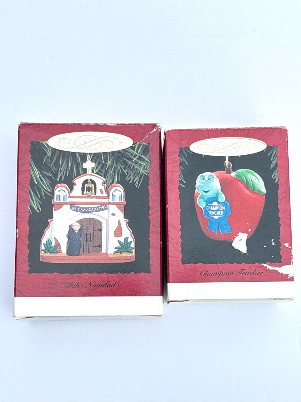 VTG Hallmark Keepsake Ornament Bundle 1993 Feliz Navidad & 1994 Teacher Apple
